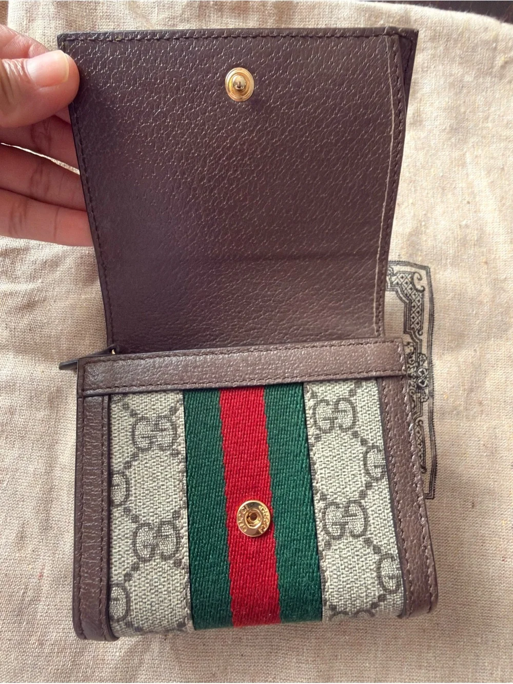 Gucci Brown GG Canvas Wallet with Green and Red Web and Gold GG